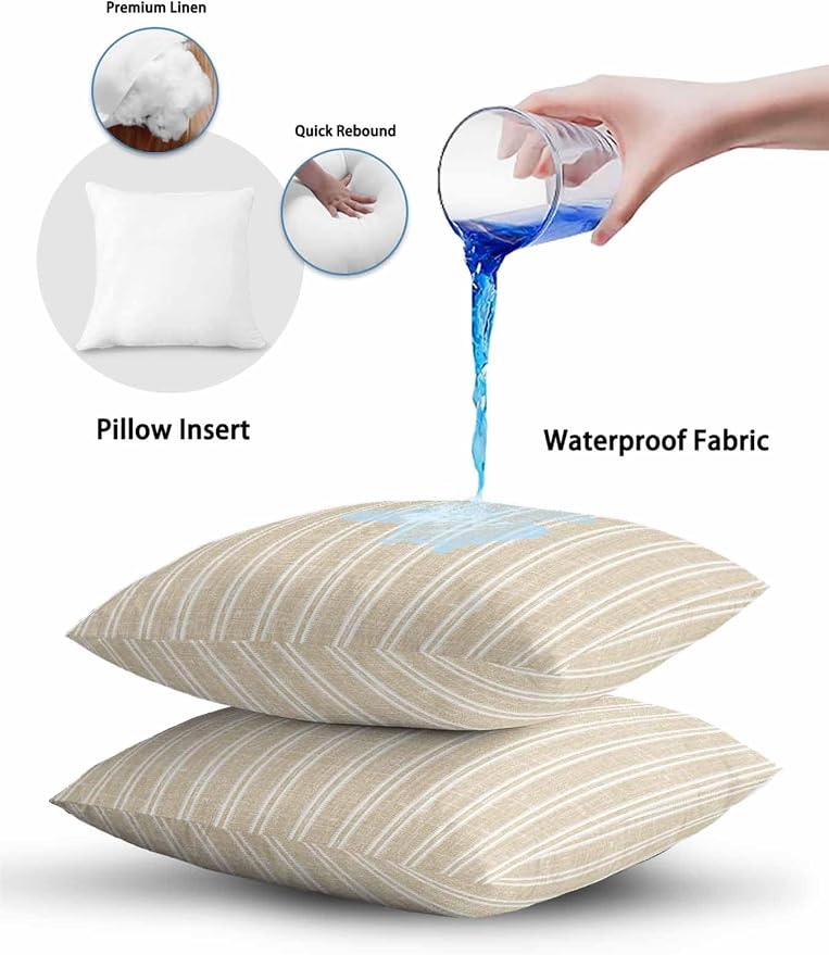 Waterproof Outdoor Pillow 1 Pack Beige Linen Striped Decorative Throw Pillows Cover & Insert 18x18 Inch Pillowcase Vertical Stripes Lines Pillows for Couch Sofa Bed Patio Furniture Indoor Outdoor