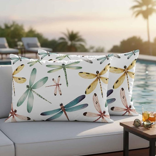 Dragonfly Outdoor Pillow Covers 20x12 Inch Lumbar Pillow Covers Set of 2 Waterproof Decorative Throw Pillow Cases Watercolor Colorful Nature Painting Art Cushion Covers for Patio Furniture Garden
