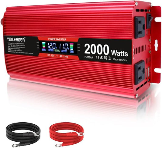 2000 watt Inverter 12V to 110V/120V, dc to ac Inverter 2000W Car Converter with Intelligent LCD Display Dual AC Outlets Dual USB Charging Port for RV Truck Laptop