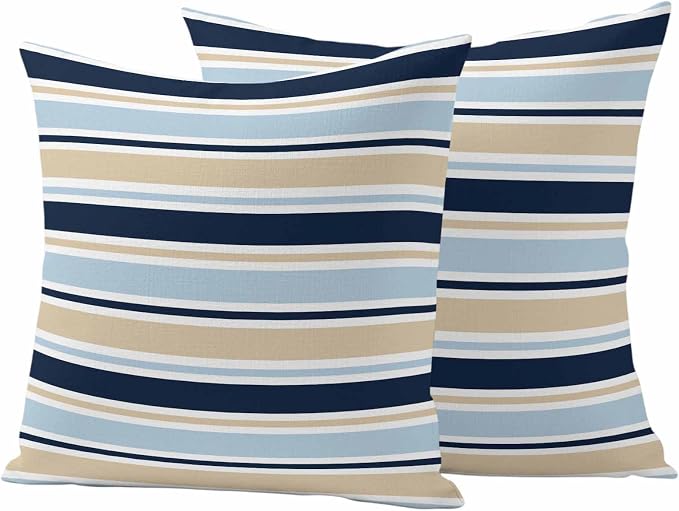 Navy Blue Khaki Striped Outdoor Pillow Cover 18x18 Inch Cushion Sham Case, Farmhouse Stripes Modern Abstract Art Waterproof Decorative Square Throw Pillowcase for Outside Garden Patio Porch Couch