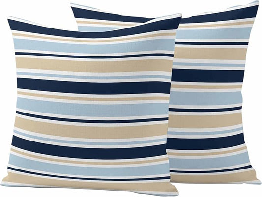 Navy Blue Khaki Striped Outdoor Pillow Cover 18x18 Inch Cushion Sham Case, Farmhouse Stripes Modern Abstract Art Waterproof Decorative Square Throw Pillowcase for Outside Garden Patio Porch Couch