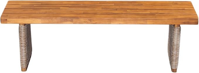 Christopher Knight Home Pasco Acacia Wood Outdoor Dining Table Set for 6, Wicker Patio Dining Set with Acacia Wood Table and Bench, Patio Table and Chair Set with Cushion+Rope Backrest,Brown+Teak+Grey