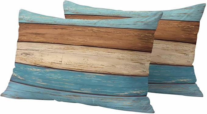 Farmhouse Light Blue Brown Outdoor Waterproof Pillow Covers, Vintage Wooden Striped Decorative Rectangle Throw Pillowcase Sofa Cushion Sham for Patio/Couch/Chair, 20"x12" 2 Pack