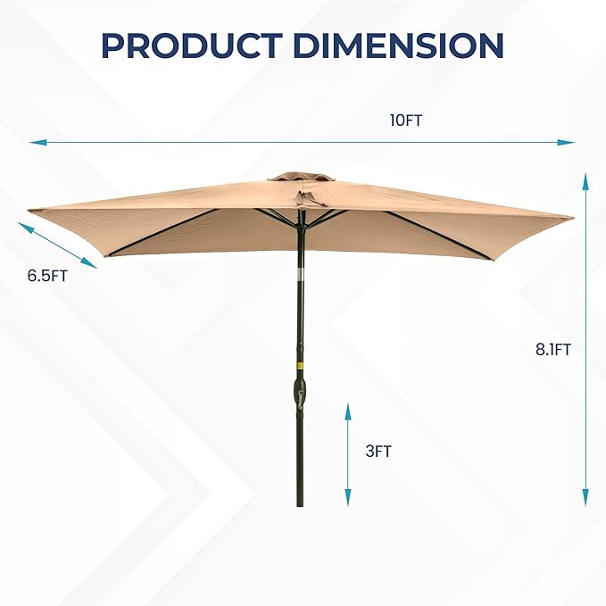 FansaFurn 6.5 x 10 Ft Rectangular Patio Umbrella Aluminum Pole, Outdoor Table Market Umbrella with Crank, 6 Steel Ribs, Polyester Canopy.EU03