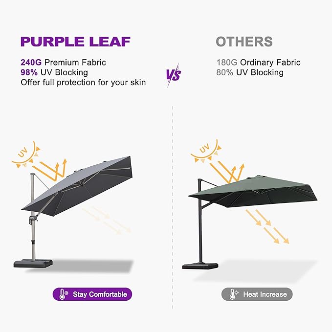 PURPLE LEAF 8’ X 8‘ Patio Umbrella Outdoor Cantilever Umbrella, Aluminum Offset Umbrella with Champagne Frame and 360° Rotation for Pool Deck Garden, Light Grey