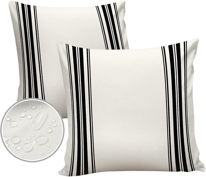 Outdoor Waterproof Pillow Covers for Patio Furniture Black Ticking Vertically Stripe Decorative Throw Pillow Cover Simple Style White Pillowcases Set of 2 Cushion Case for Sofa Couch Chair 20x20 In