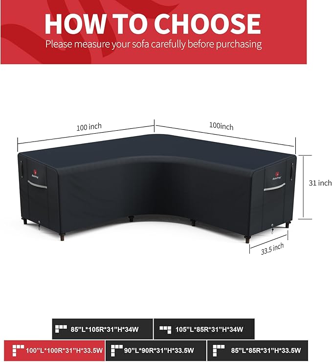 Rosefray 600D Outdoor V-Shaped Sectional Cover,Heavy Duty Anti UV Patio Sectional Sofa Cover with Air Vent, Waterproof Furniture Covers for Deck, Lawn,Backyard 100"x100" Black