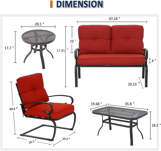Incbruce 5 Piece Wrought Iron Patio Furniture Set Metal Outdoor Conversation Sets (Loveseat, Coffee Table and Bistro Table, 2 Spring Chair) with Cushion (Red)