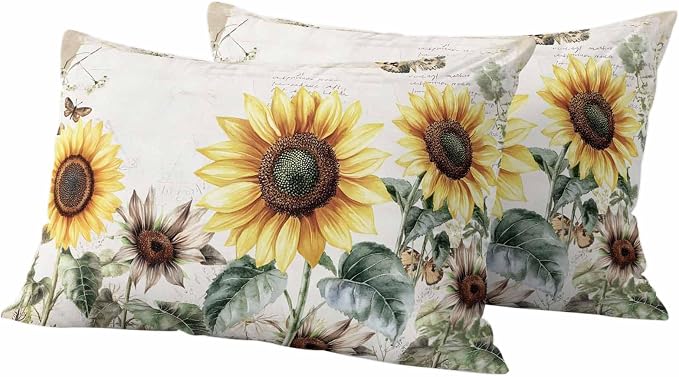 Vintage Yellow Sunflowers Outdoor Waterproof Throw Pillow Covers Set of 2, 20"x12", American Pastoral Style Decorative Pillow Covers Outside Cushion Case for Patio Porch Garden