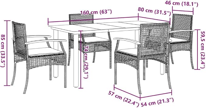 5 Piece Outdoor Dining Set with Cushions, Gray Poly Rattan Patio Furniture for Lawn Garden Backyard, Steel Frame Glass Top Table & UV Protection Chairs