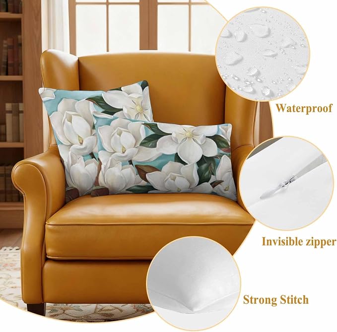 Outdoor Pillow Covers Waterproof, Close-up Blooming White Magnolia with Green Leaves All Weather Cushion Case Set of 2, Oil Painting Flower Decorative Pillowcases for Sofa Patio Furniture 20"x20"