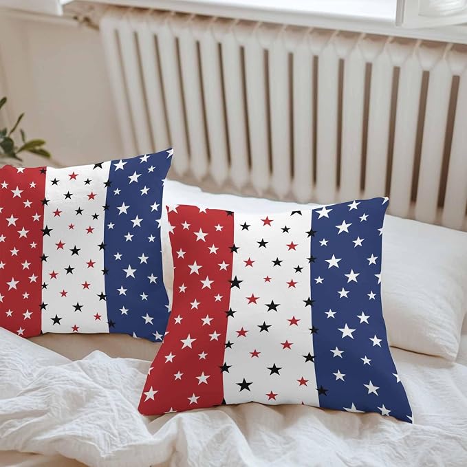 Vandarllin Outdoor Throw Pillows Covers 24X24 Set of 2 Waterproof July 4th Decorative Zippered Cushion Covers for Patio Furniture, Red White Blue Lumbar Pillowcases Independence Day Americana Stars