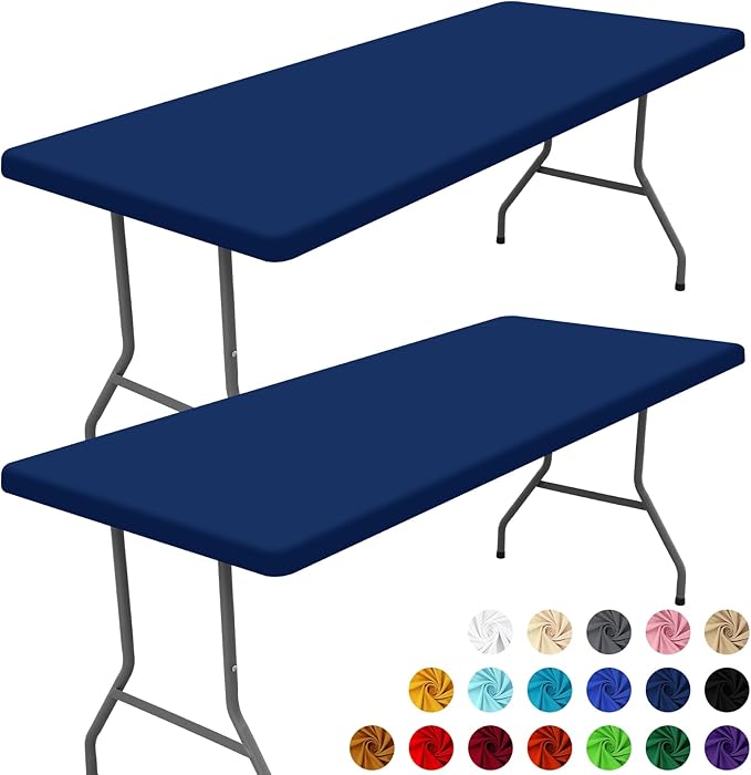 Moosfor Spandex 5 Foot Rectangle Table Cloth 2 Pack, Elastic Fitted Tablecloths for Picnic, Stretch Washable Patio Table Cover for Outdoor, Camping, Banquet and Parties (Navy, 30"x60")