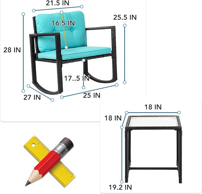 3 Pieces Rocking Bistro Set Outdoor Conversation Sets Rattan Patio Furniture Wicker Rocking Chairs with Blue Cushions and Glass Coffee Table for Balcony Poolside Garden Patio Porch Backyard