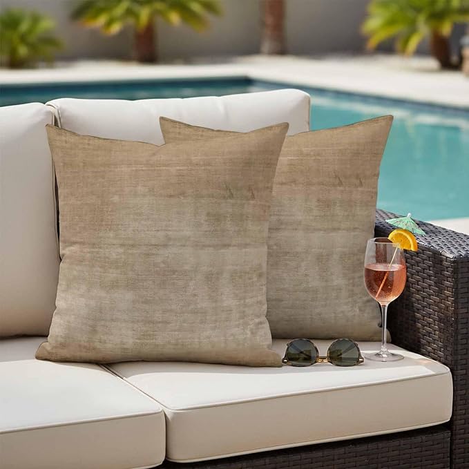 Vandarllin Outdoor Throw Pillows Covers 16x16 inch Set of 2 Waterproof Beige Linen Decorative Zippered Cushion Covers for Patio Furniture, Solid Color Texture Lumbar Pillowcases