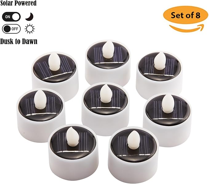 Solar Tea Lights Outdoor Waterproof, 8pcs Rechargeable Dusk to Dawn Little Solar Votive Candles, Flameless Flickering Small Light for Lantern Window DIY Chandelier Patio Deck Garden Decor (Warm Amber)