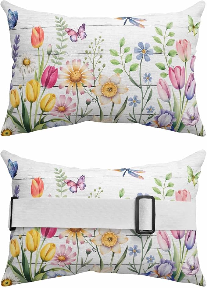 Wildflowers Outdoor Recliner Pillows for Head, Waterproof Chair Pillow with Elastic Stripe, Spring Farmhouse Tulip Floral Leaf Wooden Grain Chaise Lounge Headrest Pillow for Patio/Beach 2Pack, 12"x20"