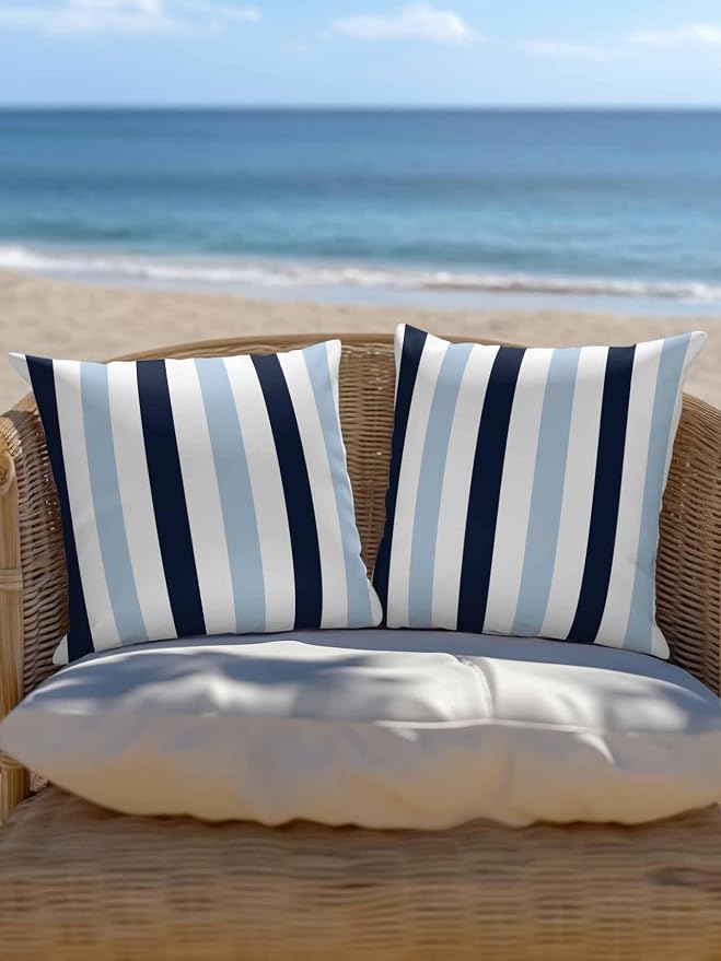 Outdoor Pillows Waterproof, Navy Blue Aqua Striped Bedding Throw Pillows with Insert for Couch Sofa Bed, Farmhouse Stripe Art 16x16 Inch Pillowcases Decorative Camping Patio Pillow Set of 2