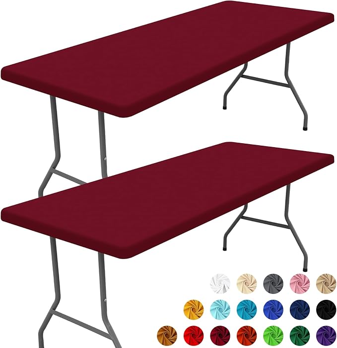 Moosfor Spandex 4 Foot Rectangle Table Cloth 2 Pack, Elastic Fitted Tablecloths for Picnic, Stretch Washable Patio Table Cover for Outdoor, Camping, Banquet and Parties (Wine Red, 30"x48")
