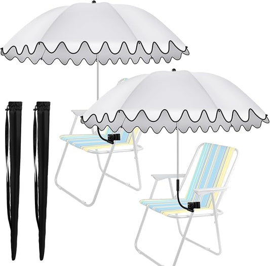 Abbylike 2 Pcs Scalloped Chair Umbrella with Universal Adjustable Clamp 38'' Portable Wheelchair Umbrella UPF 50+ Camping Chair Parasol with Bag for Outdoor Patio Lawn