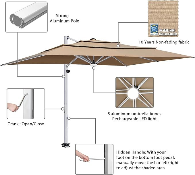 EliteShade USA APOLLO 3-Tier 10x13FT Full Aluminum Cantilever Patio Umbrella for Outdoor Restaurant Garden Courtyard Deck Pool and Marketing with Light (No battery), Heather Beige