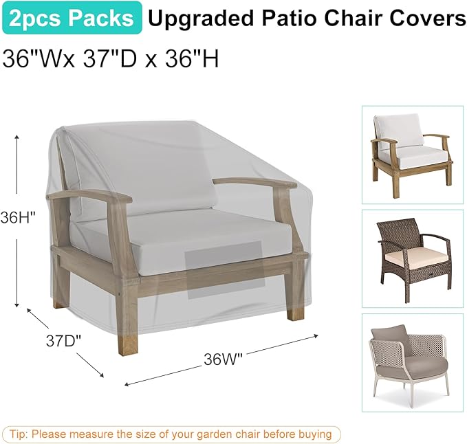 Patio Chair Covers for Outdoor Furniture Waterproof 2 Pack, Lawn Chair Covers 600D Heavy Duty Oxford Cloth, Large Covers for Lounge Lawn Deep Seat 36" W x 37" D x 36" H-Gray