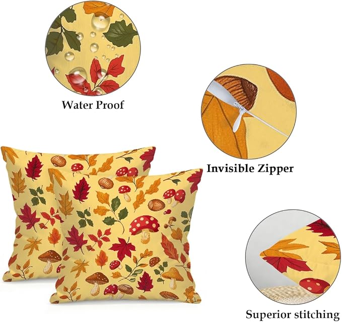 18x18 Inch Outdoor Pillow Covers Set of 2 Waterproof Throw Pillow Covers Decorative Couch Cushion Covers Mushrooms Leaves Fall Square Pillowcases Protectors for Patio Garden Sofa