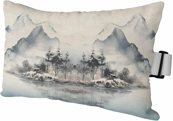 Chaise Lounge Head Resting Pillows,Ink Painting Watercolor Mountain Water Tree Painting Vintage Outdoor Chaise Pillows,Waterproof Patio Furniture Pillows with Insert and Elastic Strap for Beach Chair