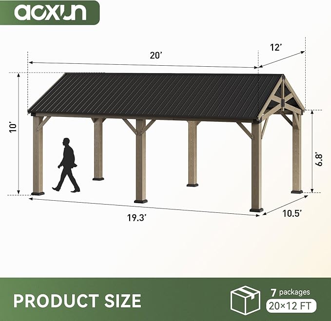 Aoxun 12' x 20' Outdoor Wood Gazebo with 20" Ceiling Fan with Light, Hardtop Gazebo Permanent Wooden Pavilion with Galvanized Steel Gable Roof, for Patio, Garden, Deck, Cedar Wood