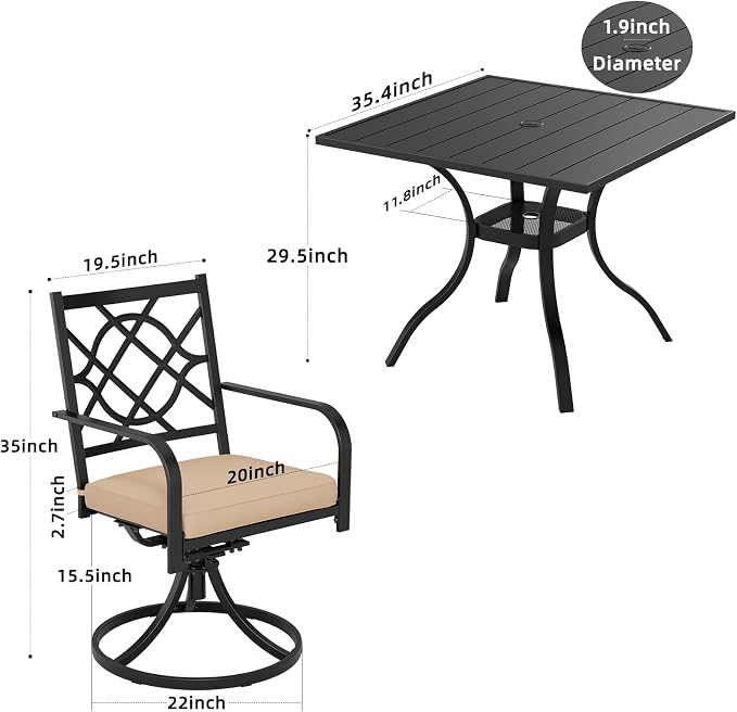 6 Piece Patio Dining Set Outdoor Furniture Set, Square Metal Patio Dining Table with Umbrella Hole & 9FT Patio Umbrella 4 Swivel Dining Chairs for Garden Lawn Yard