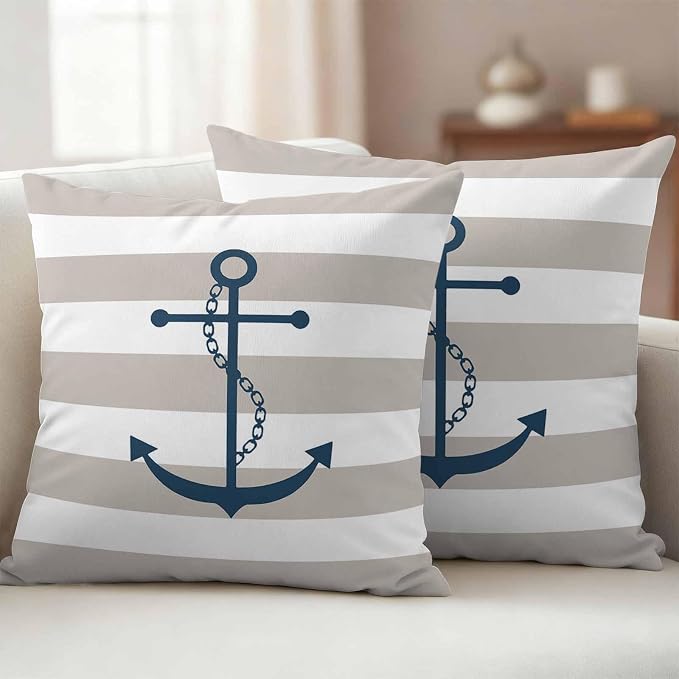 Waterproof Throw Pillow Covers 18x18 Set of 2, Coastal Blue Anchor Art Outdoor Pillowcases with Invisible Zipper, Vintage Gray Stripe Decorative Cushion Covers for Patio Garden Sofa Couch Balcony