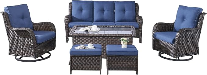 Rilyson Wicker Patio Furniture Set - 6 Piece Rattan Outdoor Sectional Conversation Sets with 2 Swivel Rocking Chairs,2 Ottomans,1 Sofa and 1 Coffee Table for Porch Deck Garden(Brown/Blue)