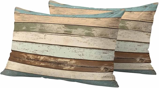Retro Wood Grain Outdoor Waterproof Throw Pillow Covers Set of 2, 20"x12", Blue Brown Vintage Decorative Pillow Covers Outside Cushion Case for Patio Porch Garden