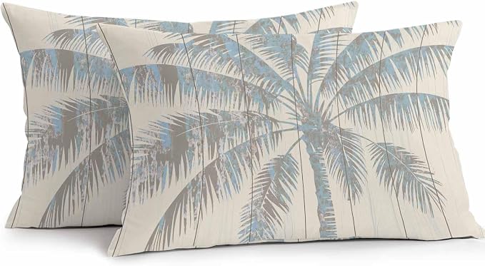 Pack of 2 Blue Beige Palm Tree Outdoor Pillow Covers Decorative, Summer Tropical Botanical Waterproof Pillow Protector, Vintage Lumbar Throw Pillowcases for Patio Couch Sofa Home Decor 20"x12"