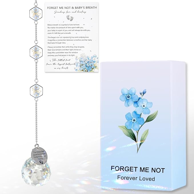 Miscarriage Memorial Suncatcher Gifts for Mothers Dad, Handmade Forget Me Not Baby's Breath Pressed Flower Miscarriage Ornament, Bereavement Remembrance Gift for Loss of Baby (Blue White)