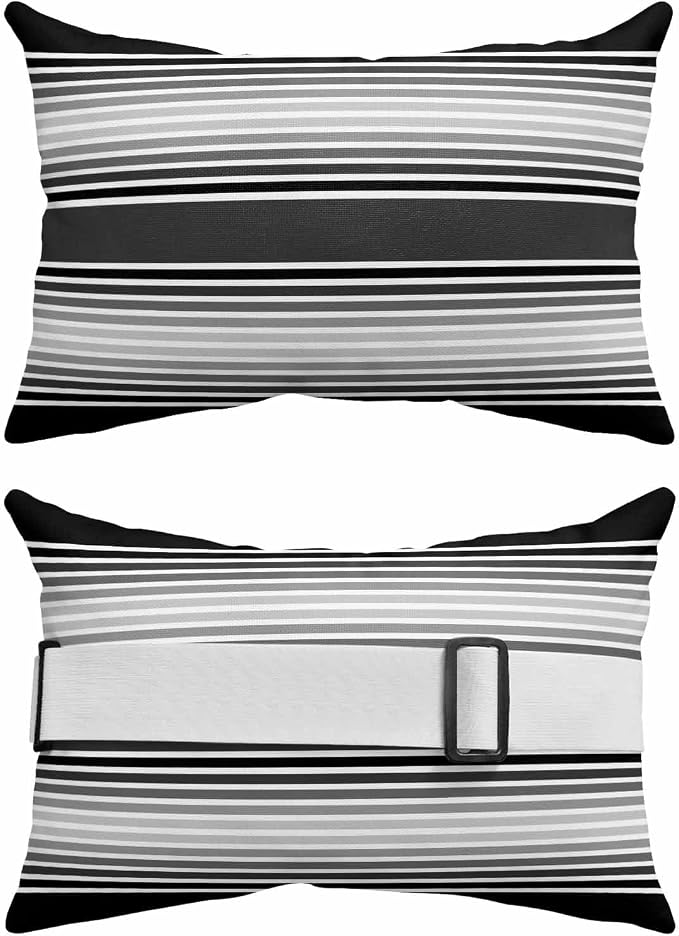 Pack of 2 Outdoor Lumbar Pillow Covers 12x20 Inch, Black Striped Waterproof Throw Pillow Covers Set, Black Ombre Farmhouse Stripes Indoor&Outdoor Decorative Cushion Cases for Patio Porch Car