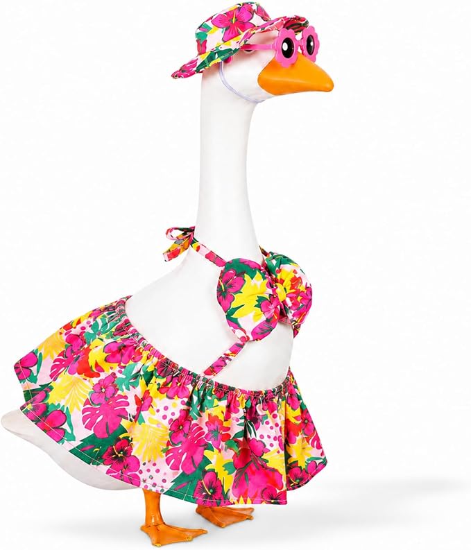 Abbylike Summer Porch Goose Outfits Bikini Hawaiian Tropical Printed Goose Clothes Fits Large 23'' Cement Plastic Statue for Front Door Outdoor Garden Patio Yard Pathway Art Decoration
