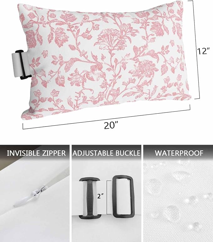 Pack of 2 Outdoor Lumbar Pillow Covers 12x20 Inch, Coral Red Flower Waterproof Throw Pillow Covers Set, Vintage Farmhouse Boho Leaf Spring Indoor&Outdoor Decorative Cushion Cases for Patio Porch Beach
