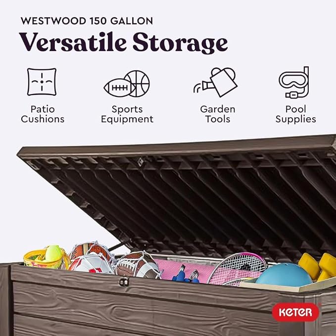 150-gallon Outdoor Storage Deck Box Resin Patio Bin Waterproof Container with Wood Grain Design Multipurpose Bench for Garden Yard Pool Accessories Cushion Storage, Brown