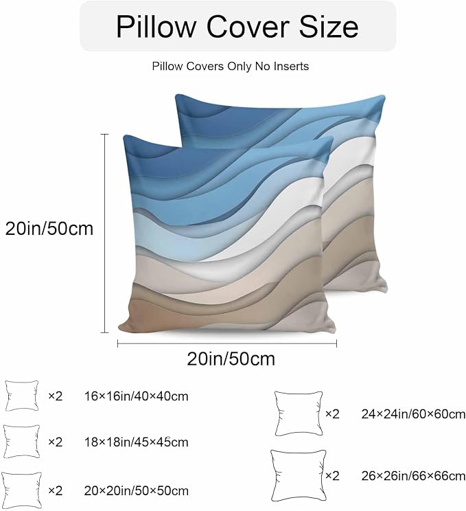 Modern Outdoor Pillow Covers Set of 2,Geometric Line Wave Striped Decorative Waterproof Throw Pillow Case,Minimalist Blue Brown Ombre Gradient Cushion Pillowcases for Couch Garden Patio,20x20In