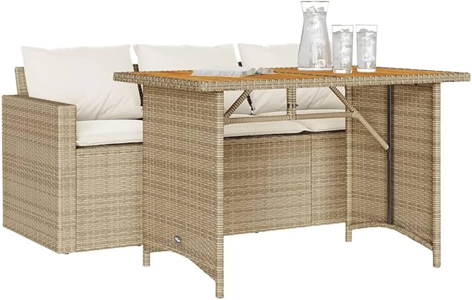 2 Piece Patio Dining Set with Cushions Beige PE Rattan Outdoor Bistro Table and Chairs Set for Garden Backyard Deck, Wooden Comfortable Seating with Removable Washable Covers, Powder Frame UV Proof