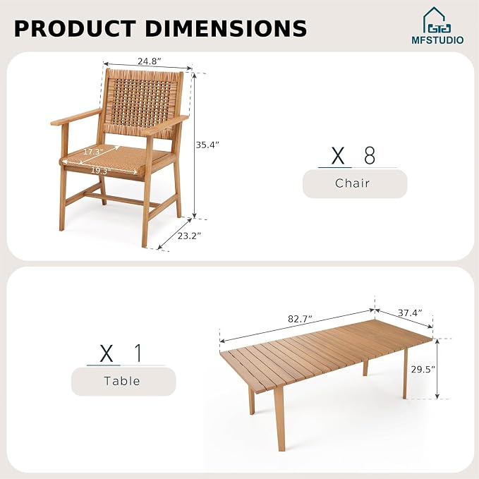 MFSTUDIO 9-Piece Patio Dining Set, Rectangular Teak Wood Table, Seats 8 | Expandable Table