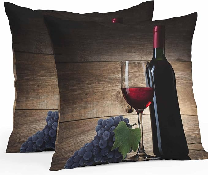Red Wines Outdoor Pillow Covers 20x20 Inch Throw Pillow Covers Set of 2 Waterproof Decorative Pillow Cases Grapes Vintage Wooden Grain Farmhouse Cushion Covers for Patio Furniture Garden Couch Sofa