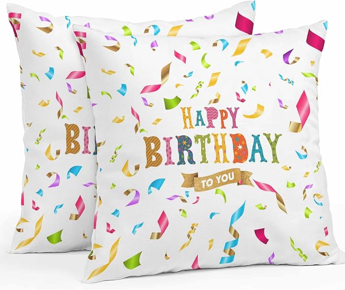 Vandarllin Outdoor Throw Pillows Covers 18x18 inch Set of 2 Waterproof Happy Birthday Decorative Zippered Cushion Covers for Patio Furniture, Colorful Ribbon Celebration Lumbar Pillowcases