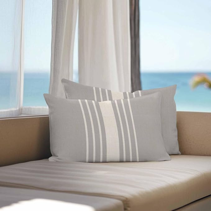 Vandarllin Outdoor Throw Pillows Covers 20x12 inch Set of 2 Waterproof Grey Vertical Stripes Decorative Zippered Cushion Covers for Patio Furniture, Classic Striped Linen Lumbar Pillowcases