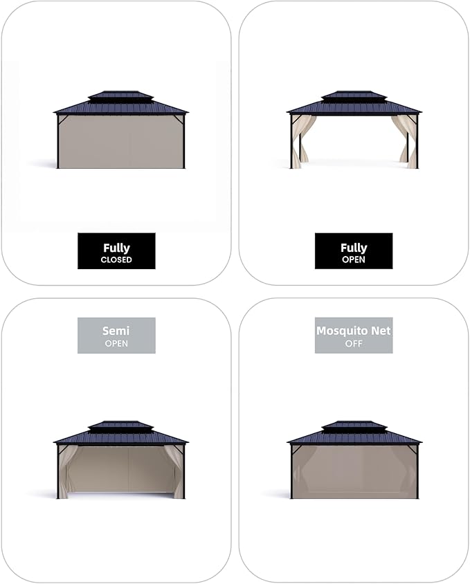 Hardtop Gazebo 12 x 16 ft for All Weather, with Double Metal Roof, Aluminum Alloy Frame, Net, and Curtain, Permanent Building for Patio, Deck, Backyard, Lawn, and Garden