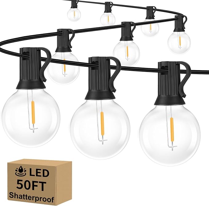 LED String Lights Outdoor Waterproof 50Feet with 52 Shatterproof Bulbs | Connectable Commercial Dimmable G40 Globe Hanging Patio Lights for Christmas Patio House Backyard Balcony Party(Black)