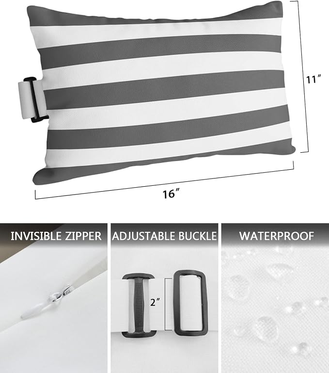 Outdoor Pillows Covers with Inserts Deep Gray and White Stripe Waterproof Recliner Pillow with Adjustable Strap Throw Pillows for Patio Furniture Pool Lounge Chair, 11x16 inch, 1PCS