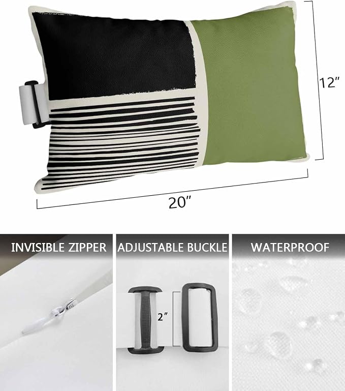 Pack of 4 Outdoor Lumbar Pillow Covers 12x20 Inch, Sage Green Black Waterproof Throw Pillow Covers Set, Farmhouse Striped Modern Abstract Art Outside Decorative Cushion Cases for Patio Porch Car