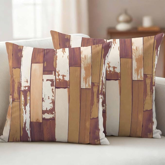 Brown Beige Outdoor Pillow Covers 24x24 Inch Throw Pillow Covers Set of 2 Waterproof Decorative Pillow Cases Vintage Farmhouse Shabby Wooden Grain Cushion Covers for Patio Furniture Garden Couch Sofa